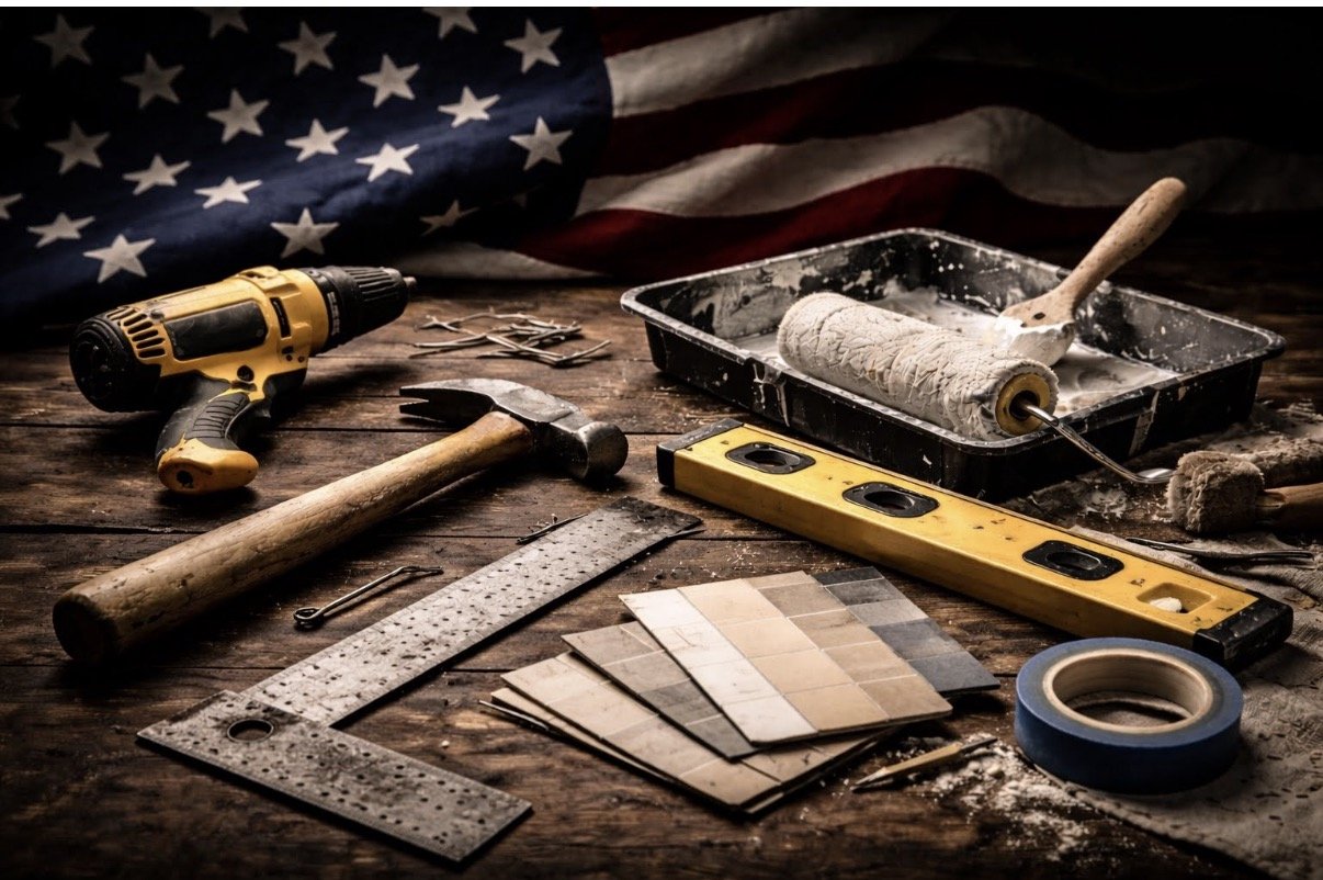 Home improvement tools and materials on a wooden table