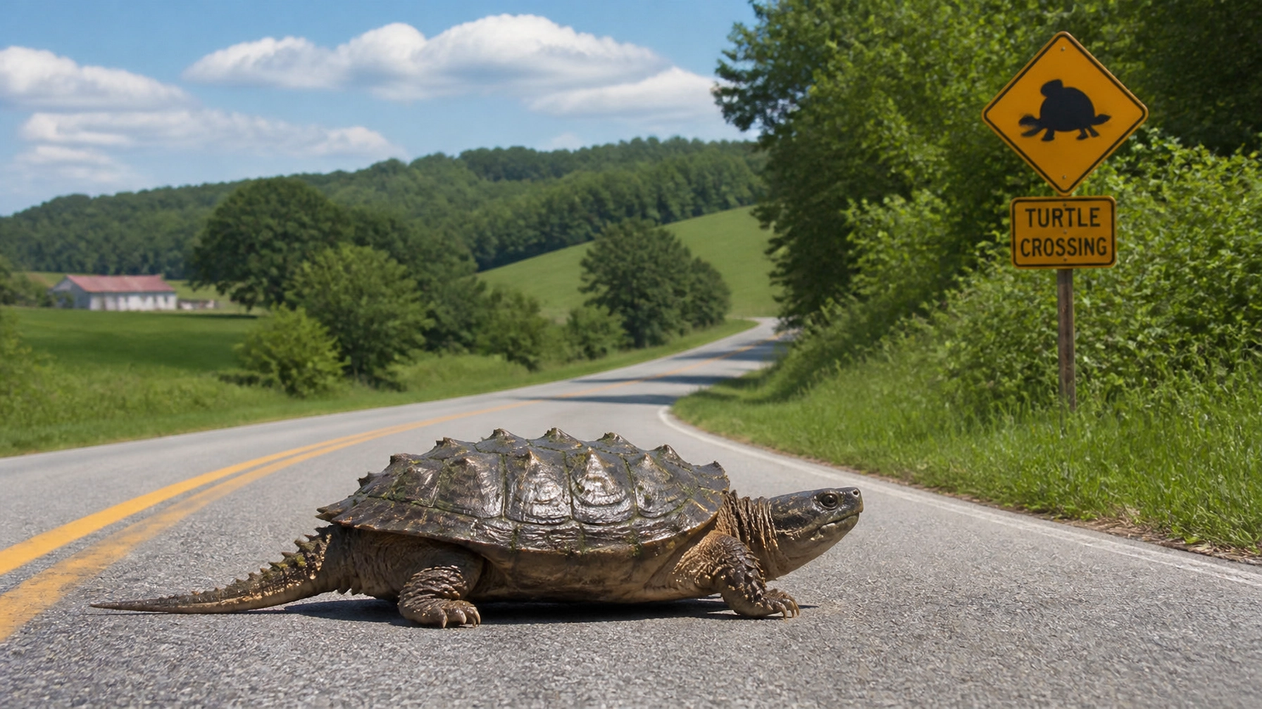 A large common snapping turtle with a spiked shell and long tail slowly crossing a rural paved road in Adams County, Ohio.