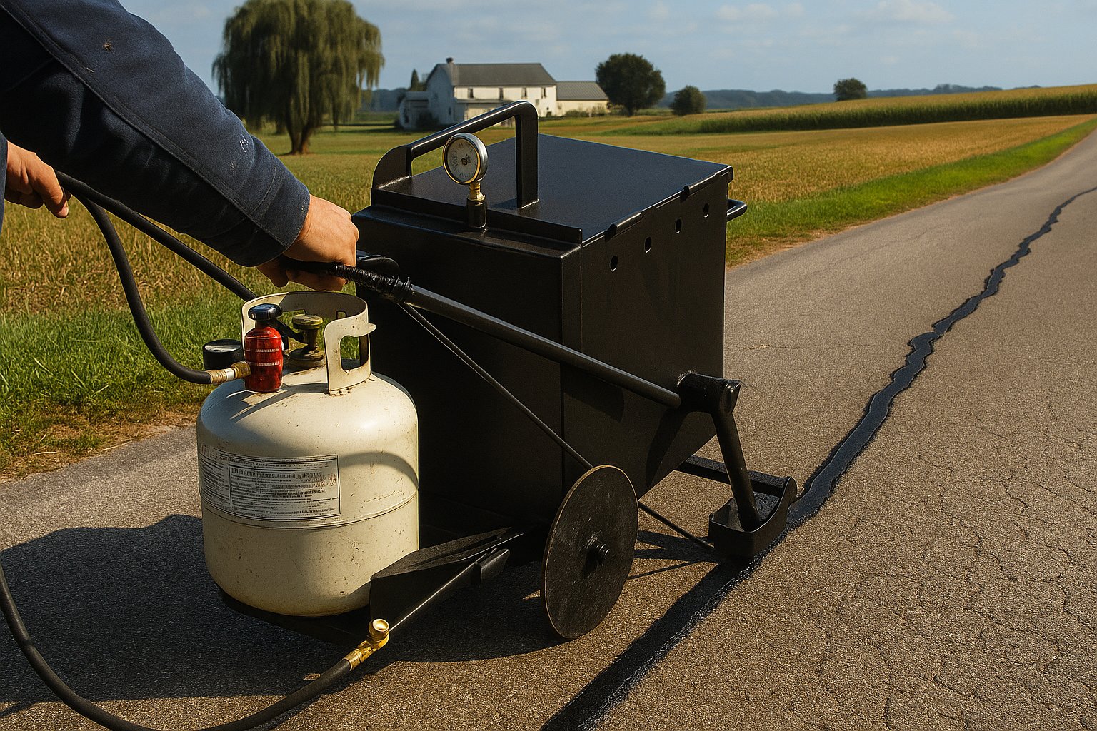 A worker uses a crack filling machine to repair a crack in the road