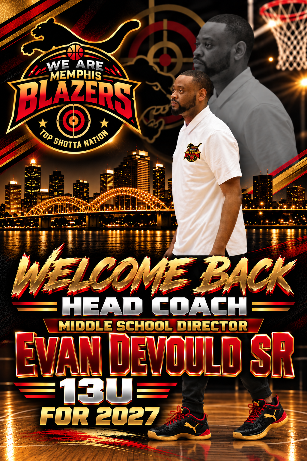 Coach Evan 13U for Memphis Blazers basketball team, standing on a basketball court
