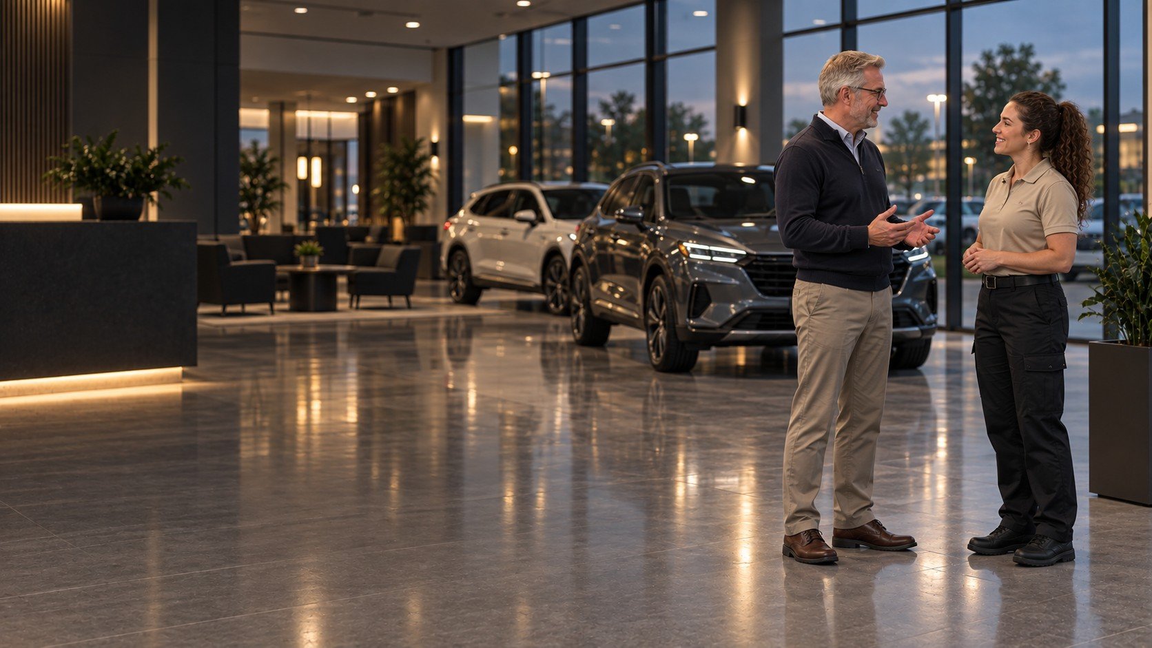 A man and woman in a car dealership showroom discussing a vehicle