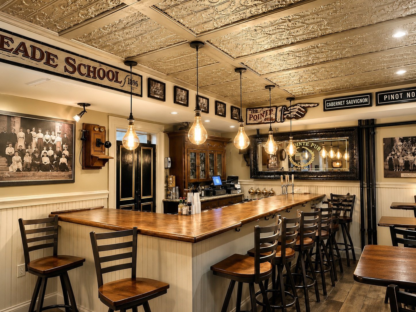 A cozy bar with wooden counter, chairs, and vintage decor, including a sign and framed photos.