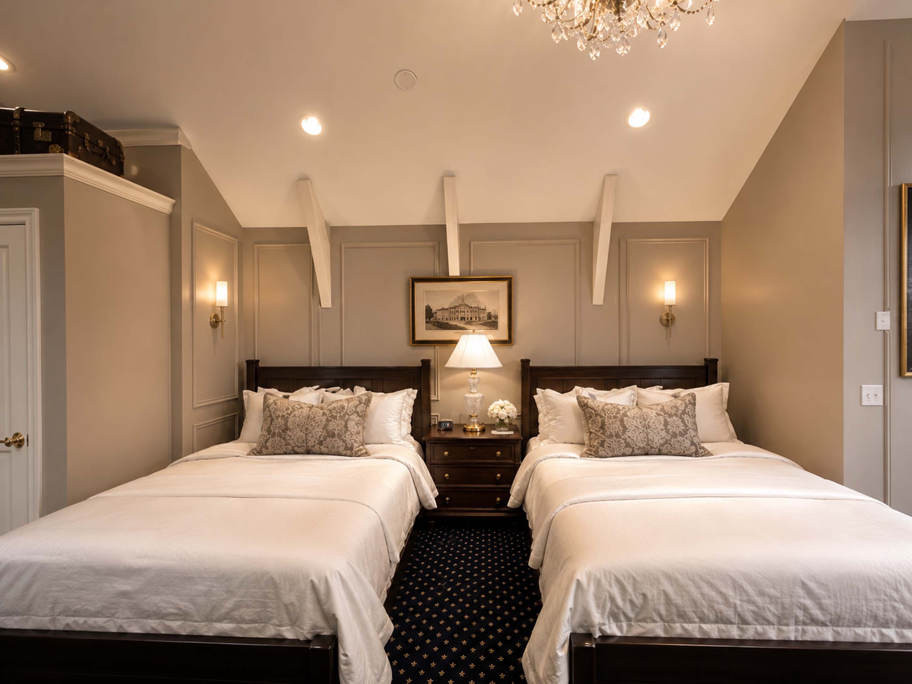 A cozy bedroom with two twin beds, nightstands, and a chandelier