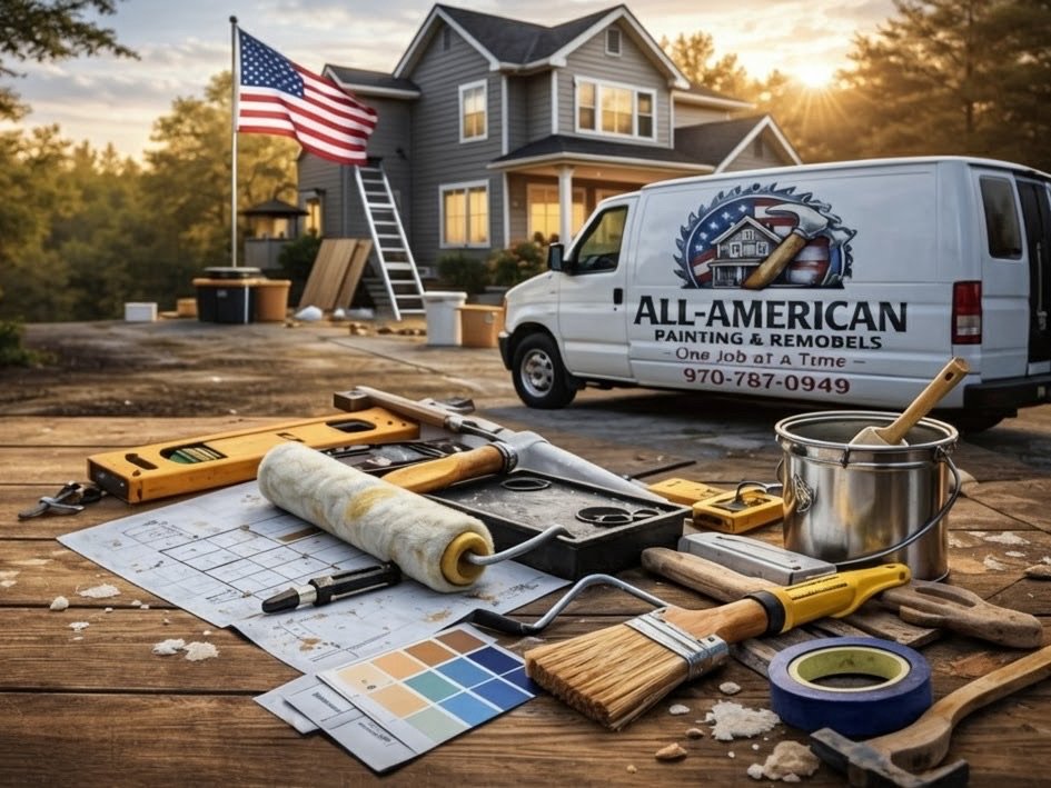 All-American Painting & Remodels van with tools and materials on a wooden table in front of a house