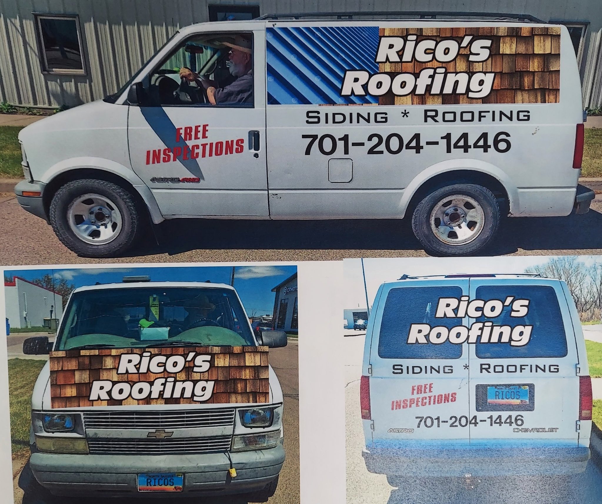 A white Rico's Roofing van with a man driving and a wooden shingle design on the side