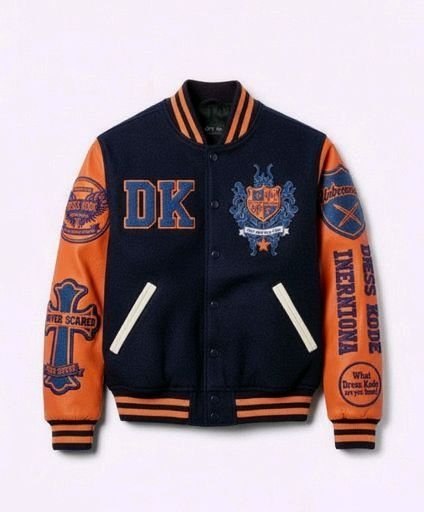 DK varsity jacket with orange sleeves and blue body, featuring DK logo and text