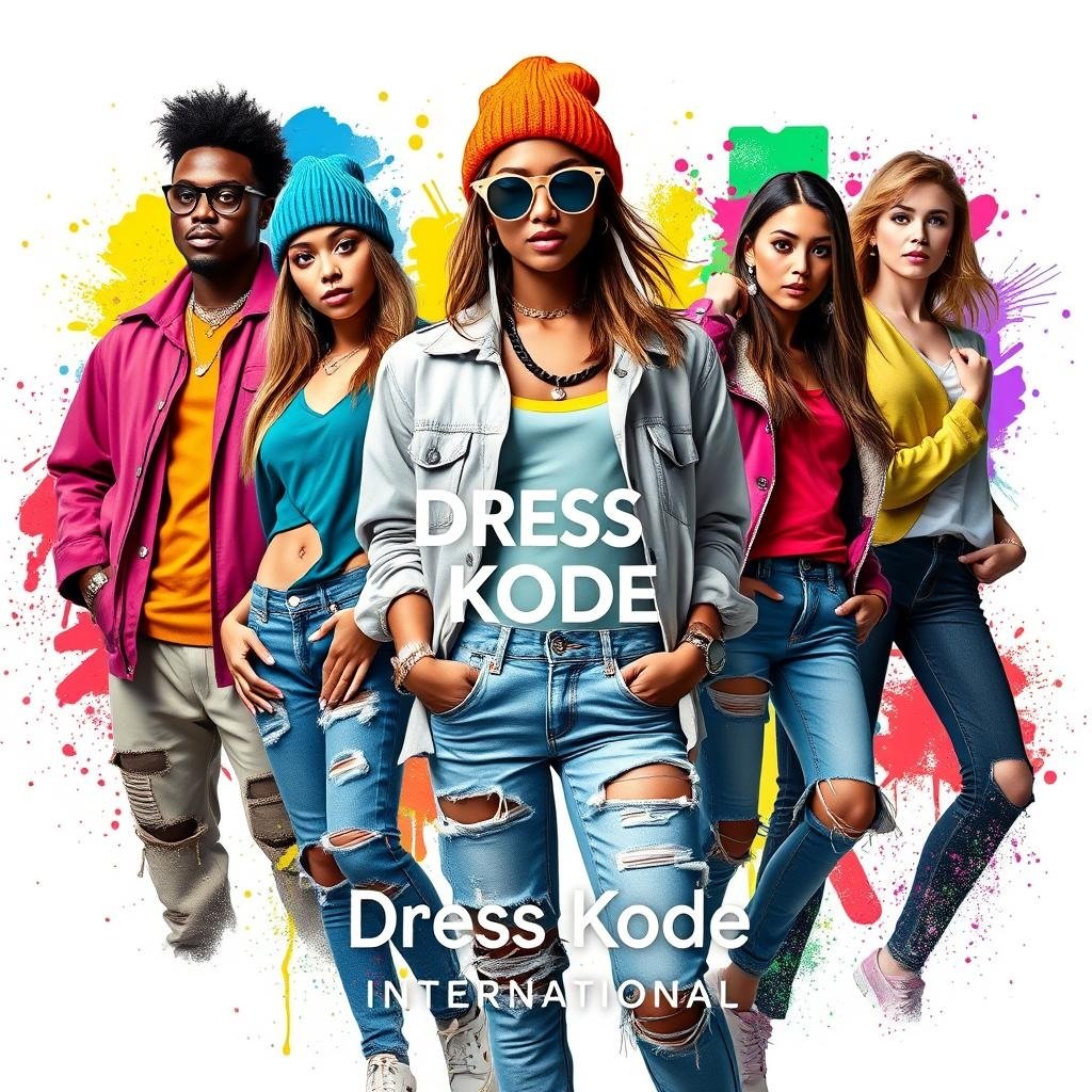 Five people in trendy clothing posing for a colorful background with the words Dress Kode International