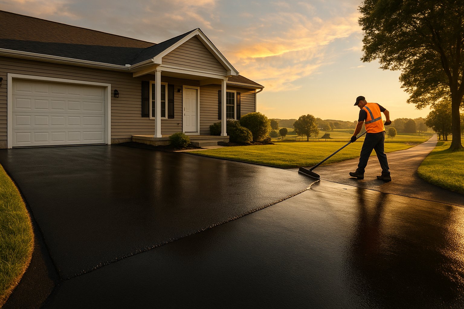 A worker in a safety vest applies sealcoat to a residential driveway at sunset