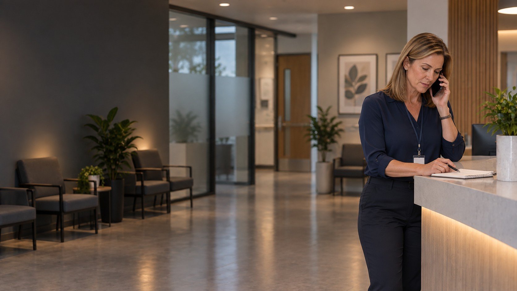 A woman in a blue shirt is standing at a reception desk in an office, talking on the phone.