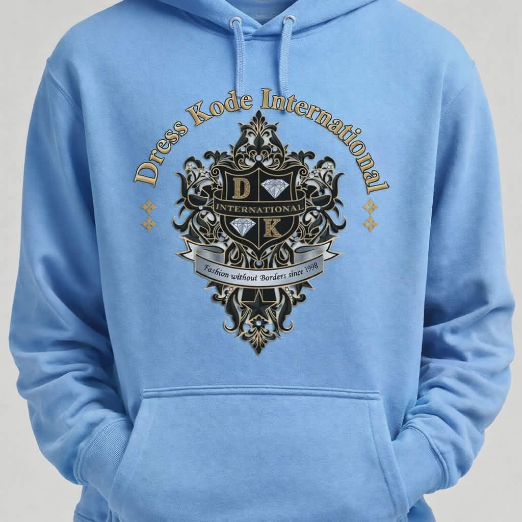 A light blue hoodie with a gold logo that reads Dress Kode International
