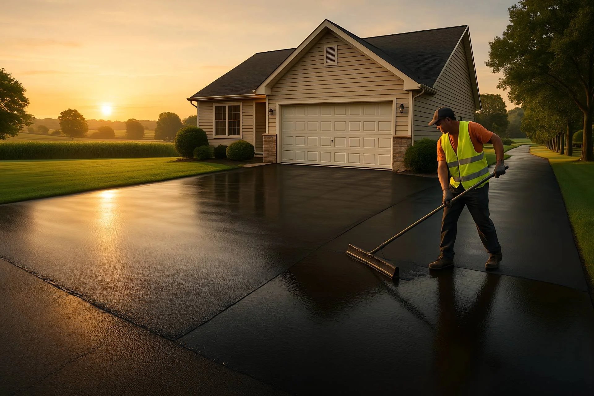 A worker in a reflective vest applies asphalt to a driveway at sunset