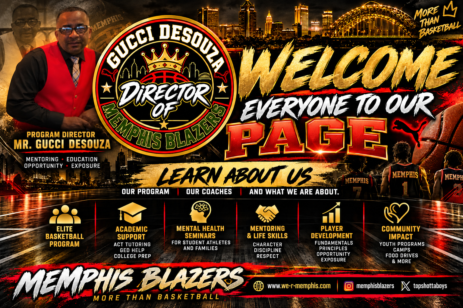Memphis Blazers basketball program advertisement featuring Mr. Gucci DeSouza, the program director, with a cityscape backdrop.