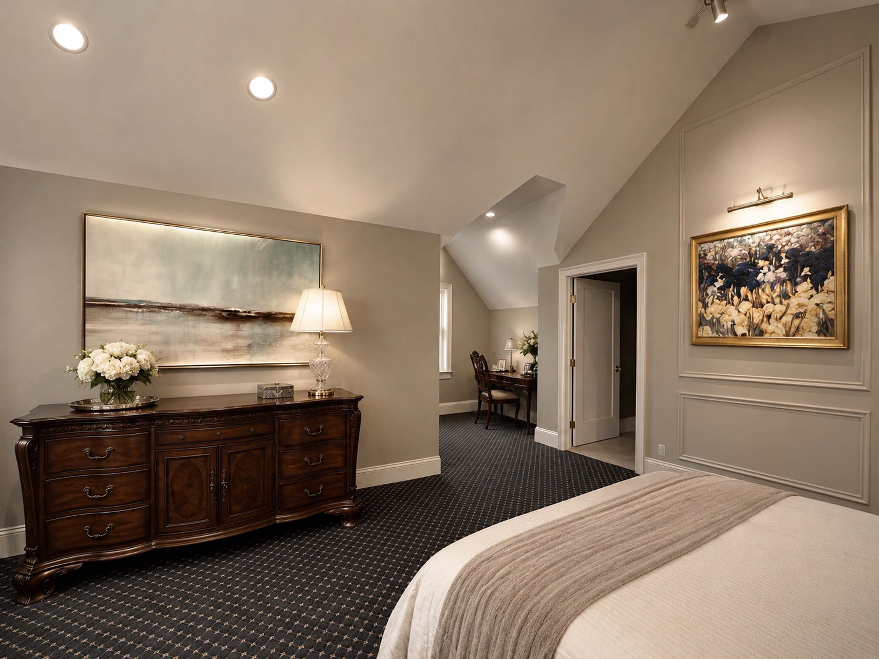 Elegant bedroom with a bed, dresser, and artwork on the wall