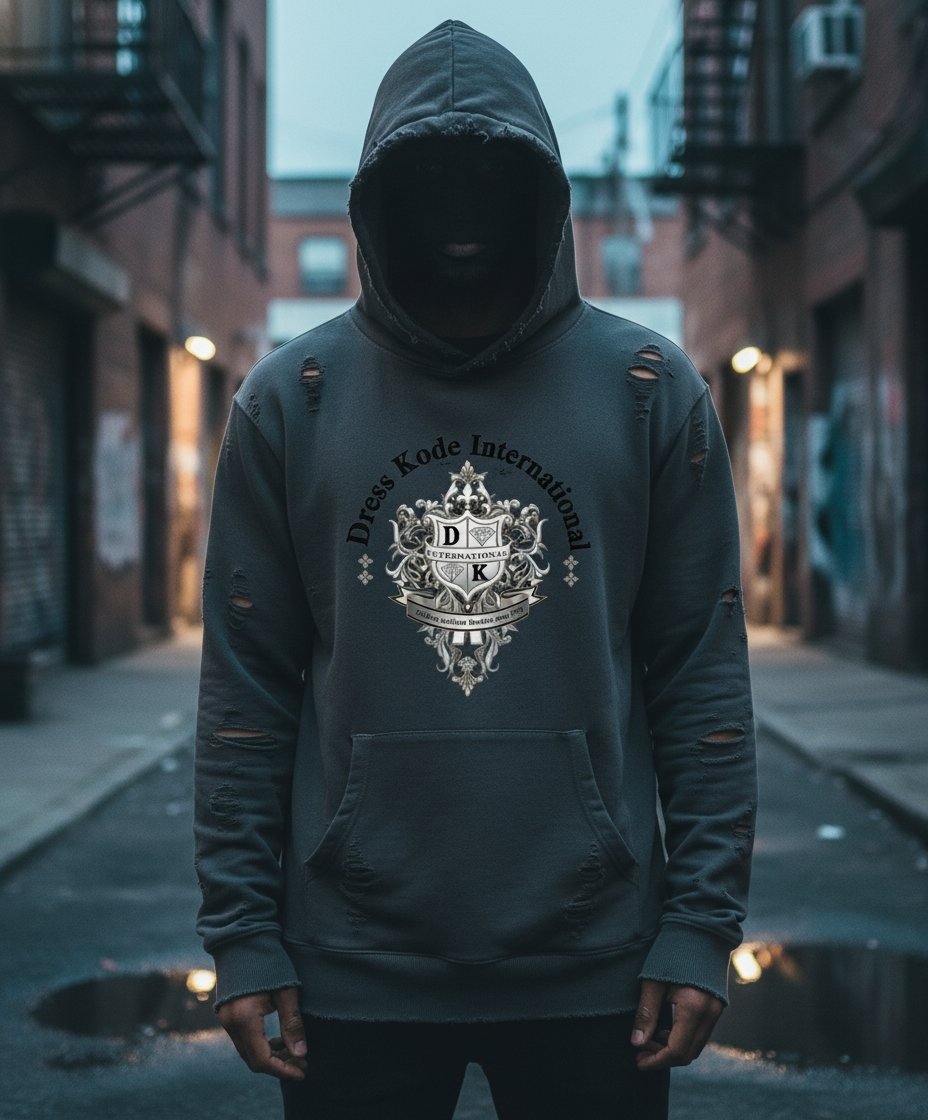 A man wearing a black hoodie with a white logo on the front stands in a city alley.