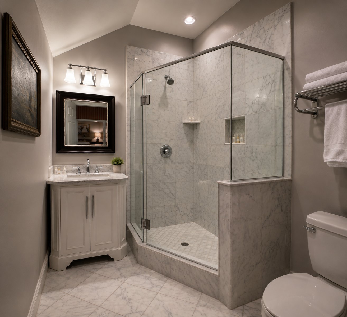 A modern bathroom with a glass shower enclosure, white marble tiles, and a white vanity