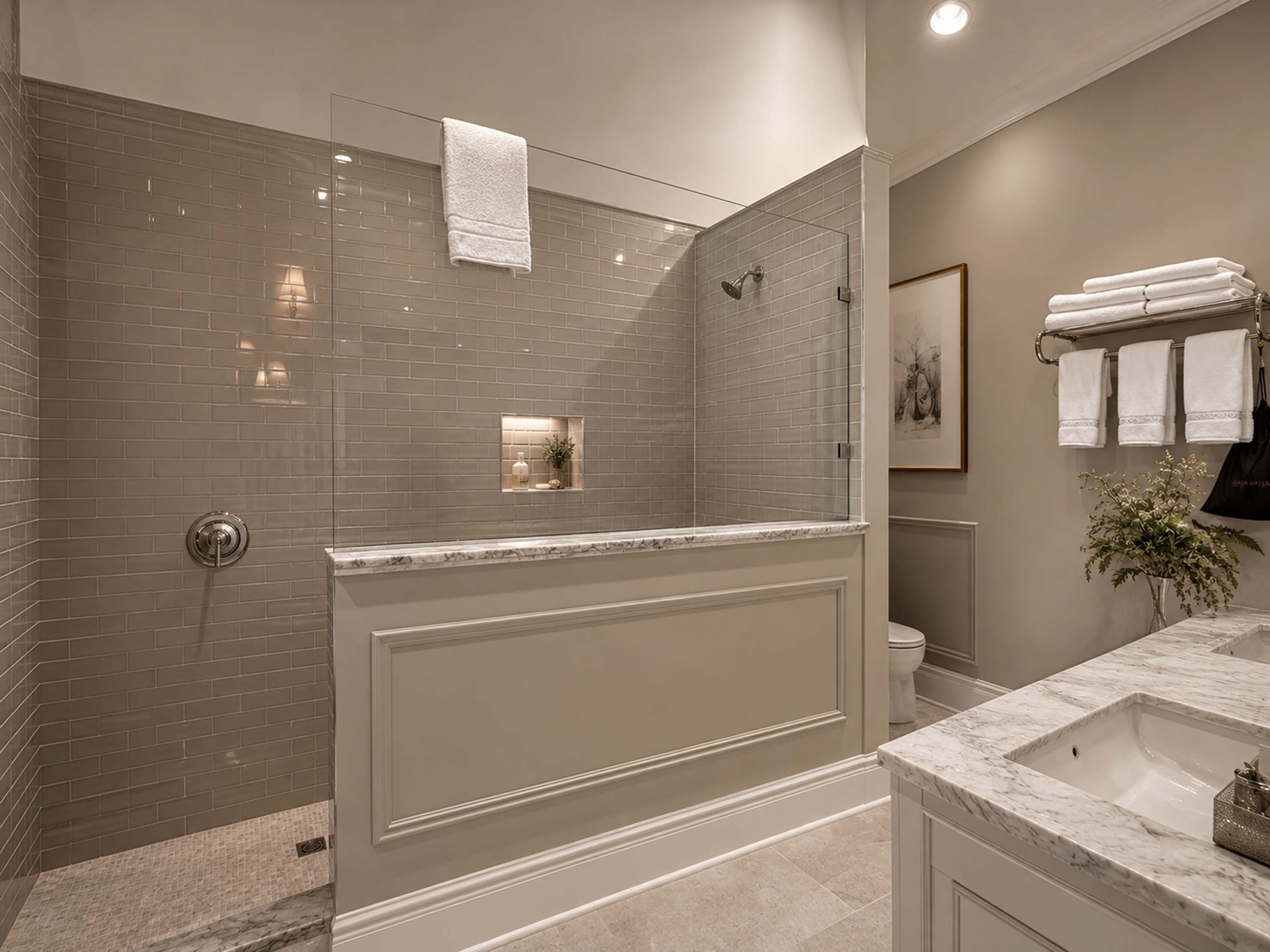 A modern bathroom with a glass shower enclosure, marble countertop, and white fixtures