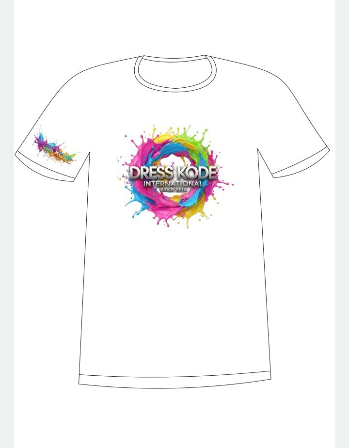 White t-shirt with colorful paint splash design and 'Dresskode International' text