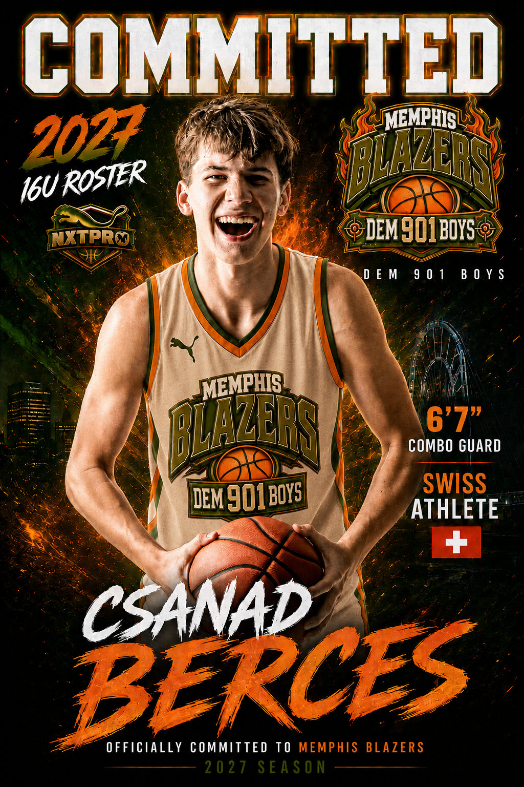 Swiss basketball player Csanad Berces committed to the Memphis Blazers for the 2027 season