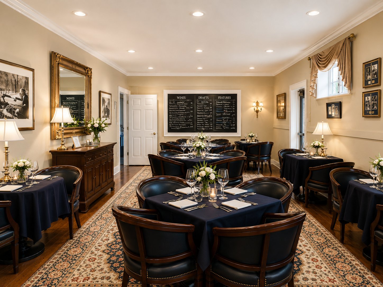 A beautifully decorated dining room with tables set for a meal, featuring a chalkboard menu and elegant decor.
