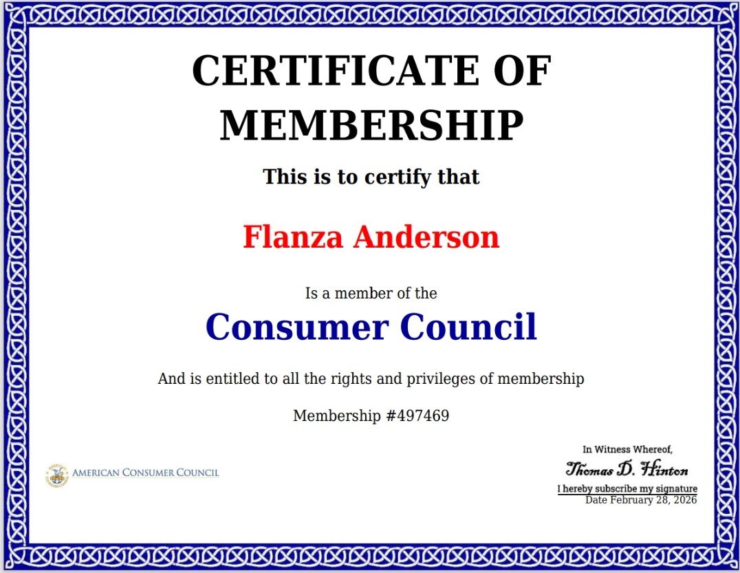 Certificate of membership for the American Consumer Council, signed by Thomas D. Hinton.