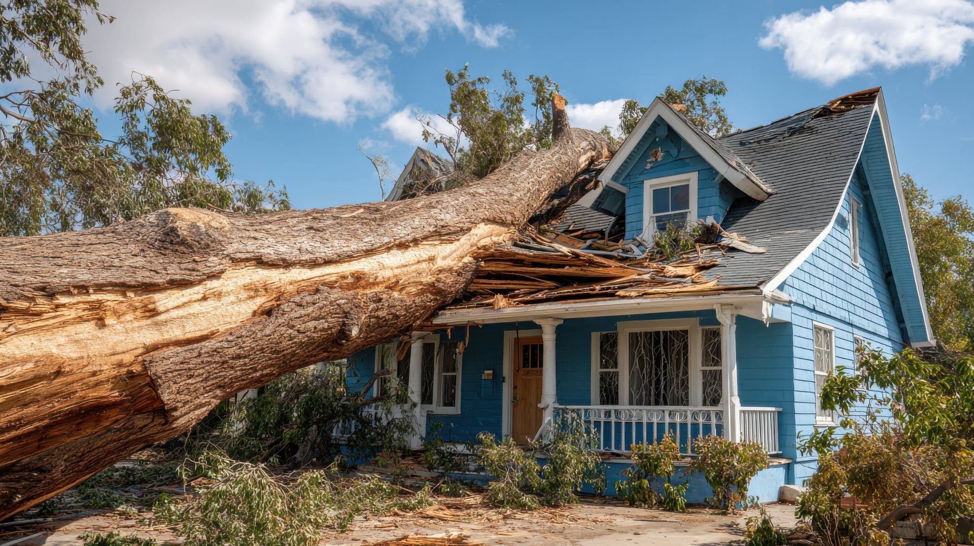 A large tree has fallen on a blue house, damaging its roof on a sunny day