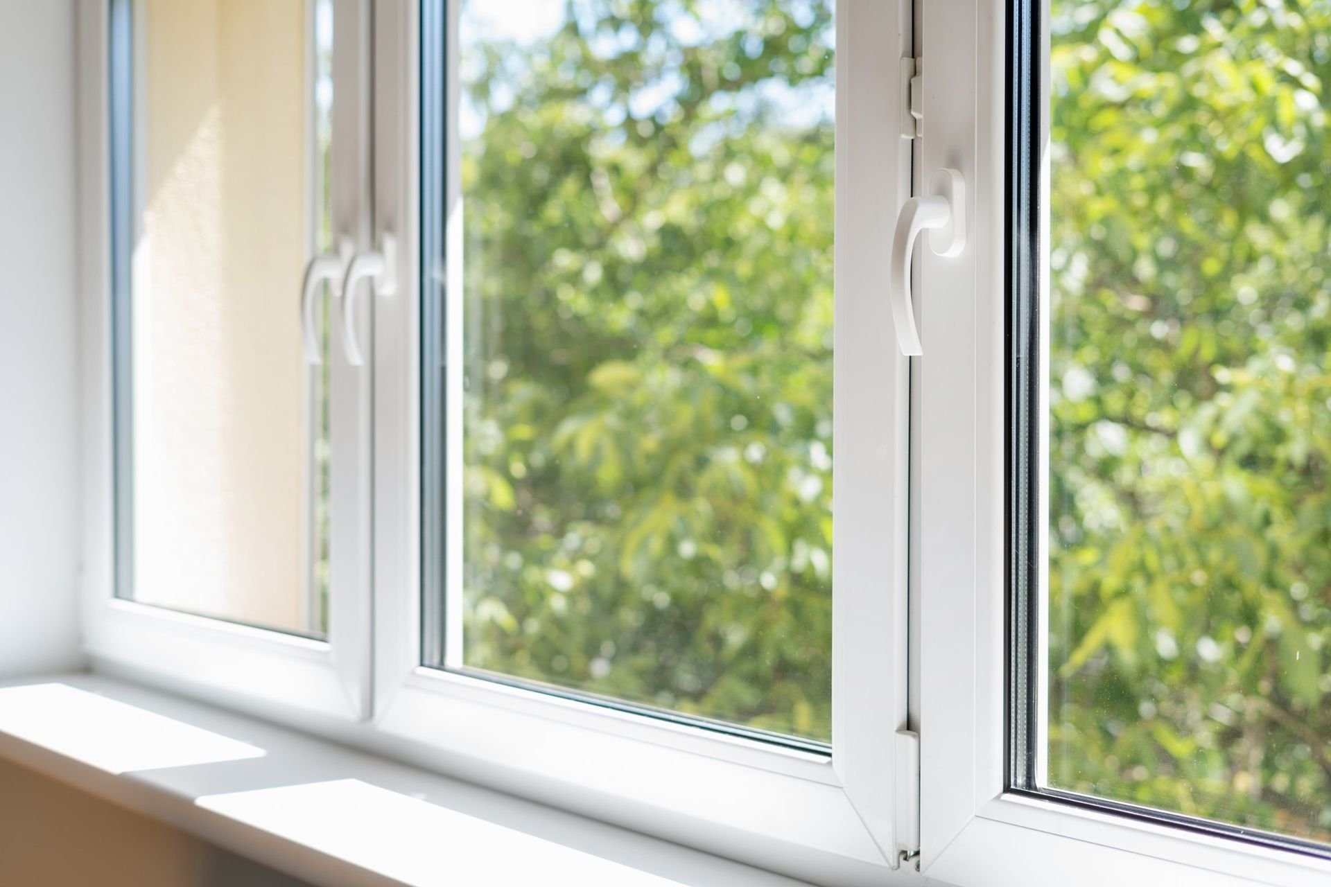White-framed window with a view of green trees outside