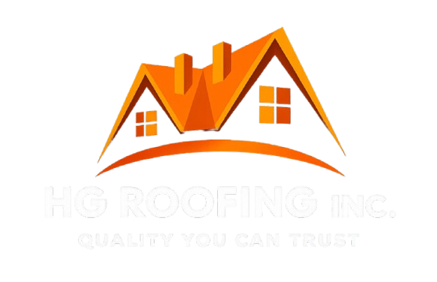 HG Roofing Inc. logo featuring a house with two windows and two chimneys on a black background