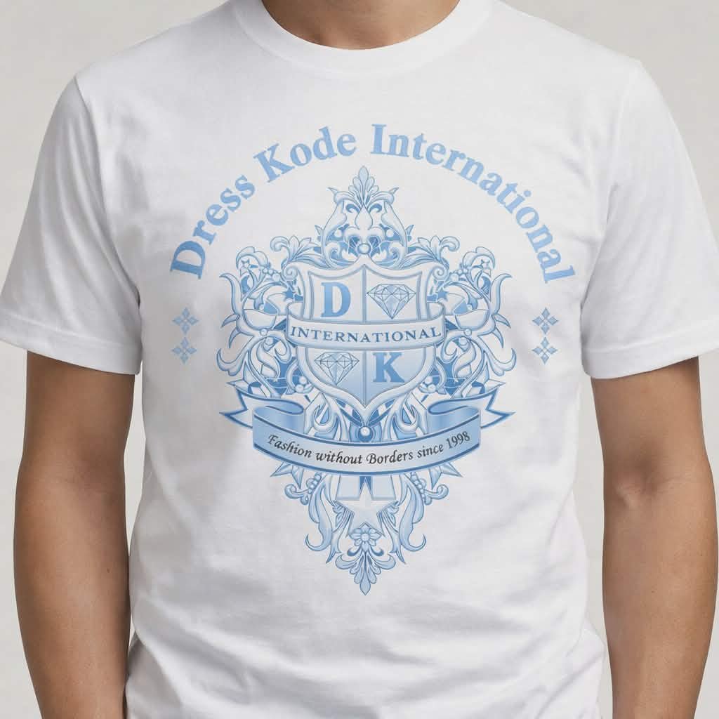 A man wearing a white t-shirt with a blue logo that reads 'Dress Kode International'.