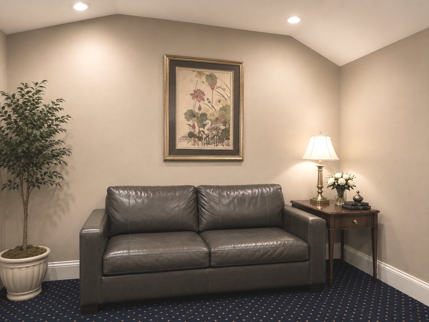 A cozy corner with a gray leather couch, a small table with a lamp, and a potted plant.