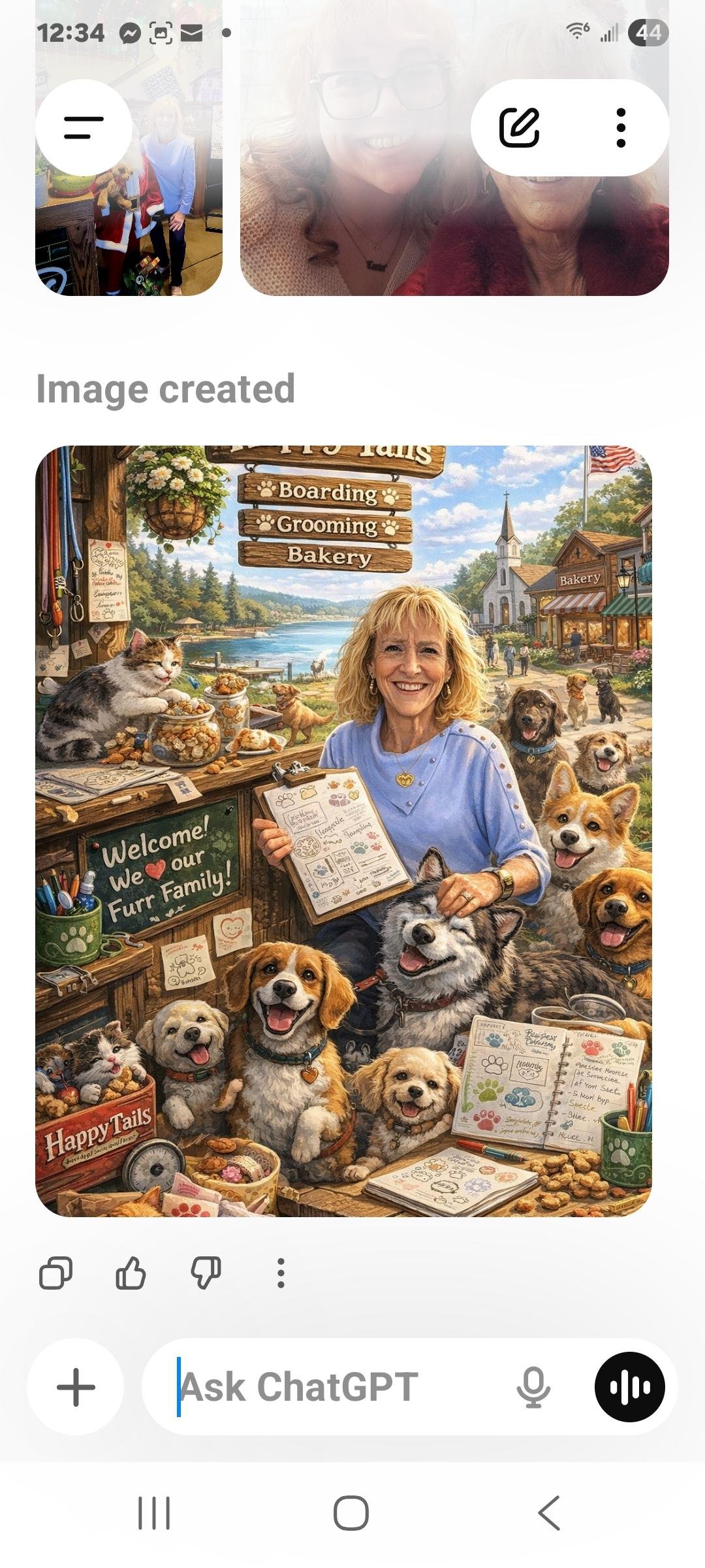 A woman surrounded by dogs and cats in a pet-friendly shop