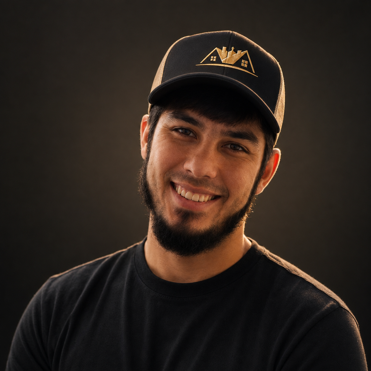 A smiling man with a beard wearing a black cap with a gold logo