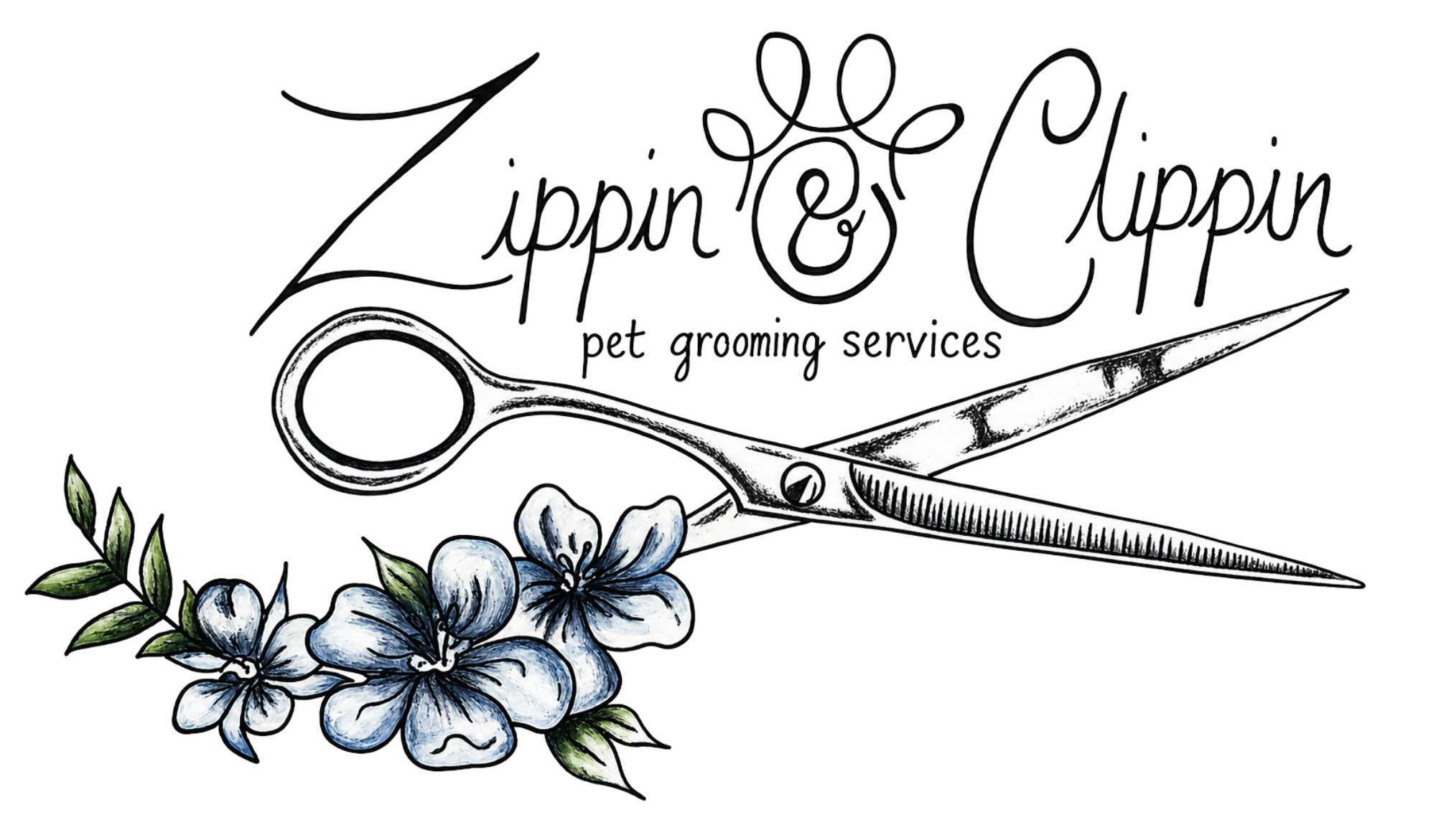 Illustration of scissors and flowers with the text 'Zippin & Clippin pet grooming services'.