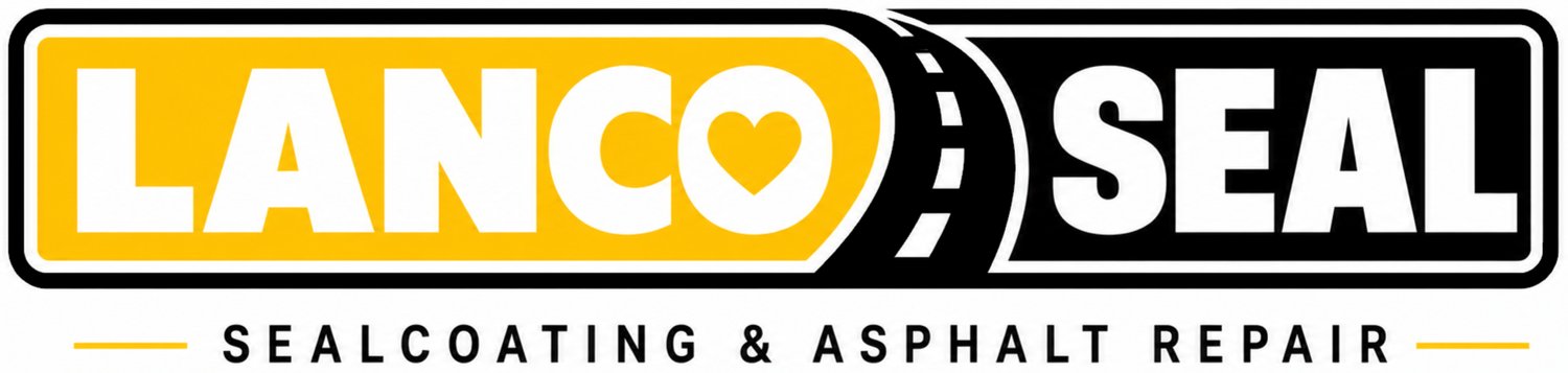 Lanco Seal logo featuring a stylized road with a heart and the text 'Seal Coating & Asphalt Repair'