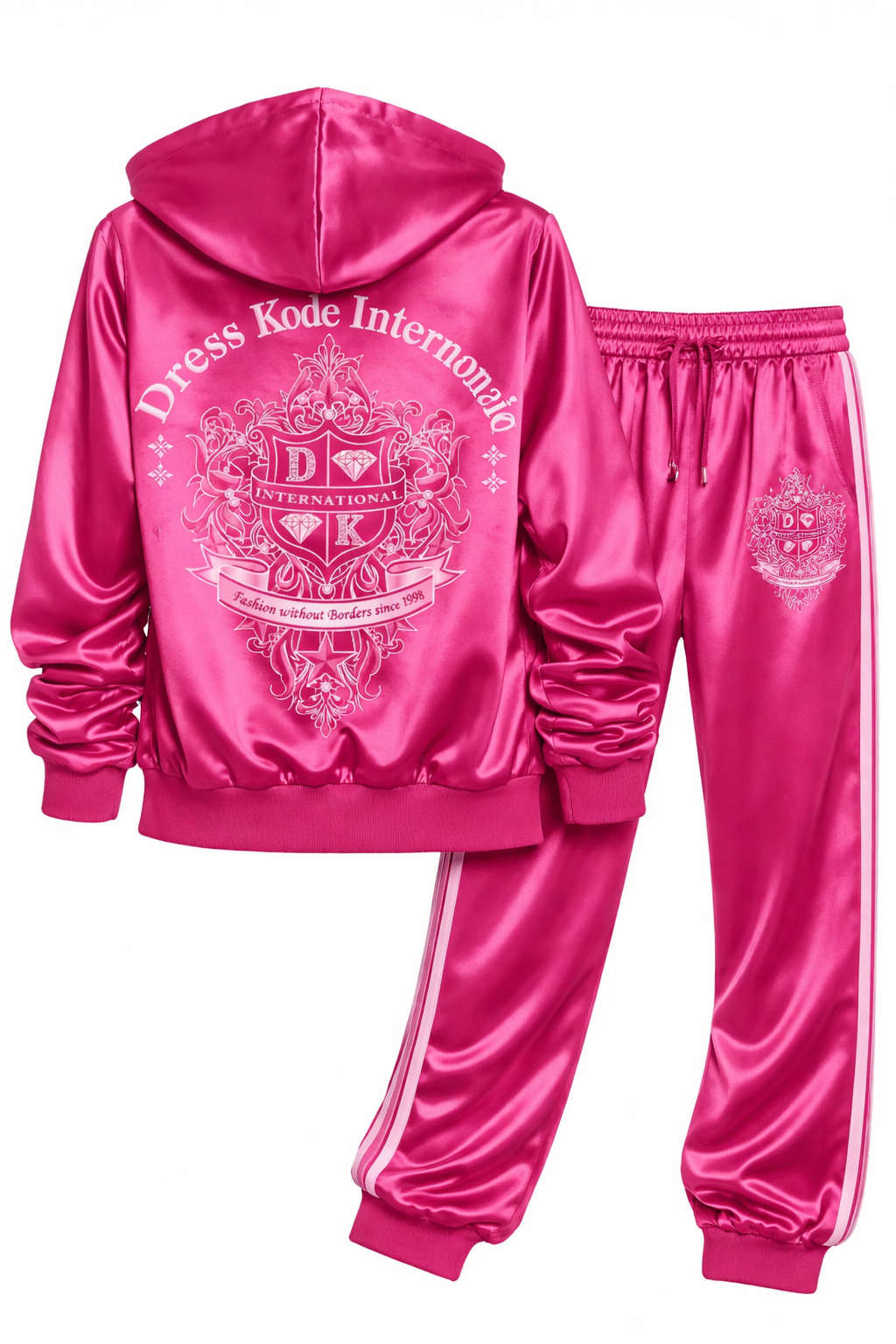 A pink satin hoodie and matching pants with a white logo on the back