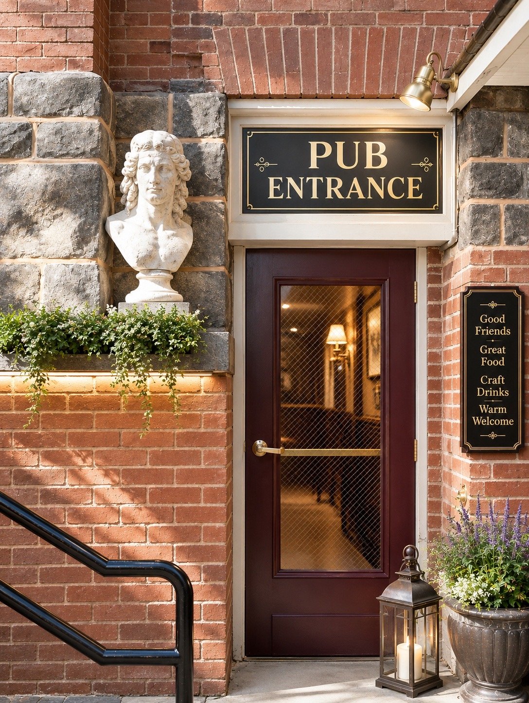 Exterior of a pub with a bust, entrance sign, and welcoming message