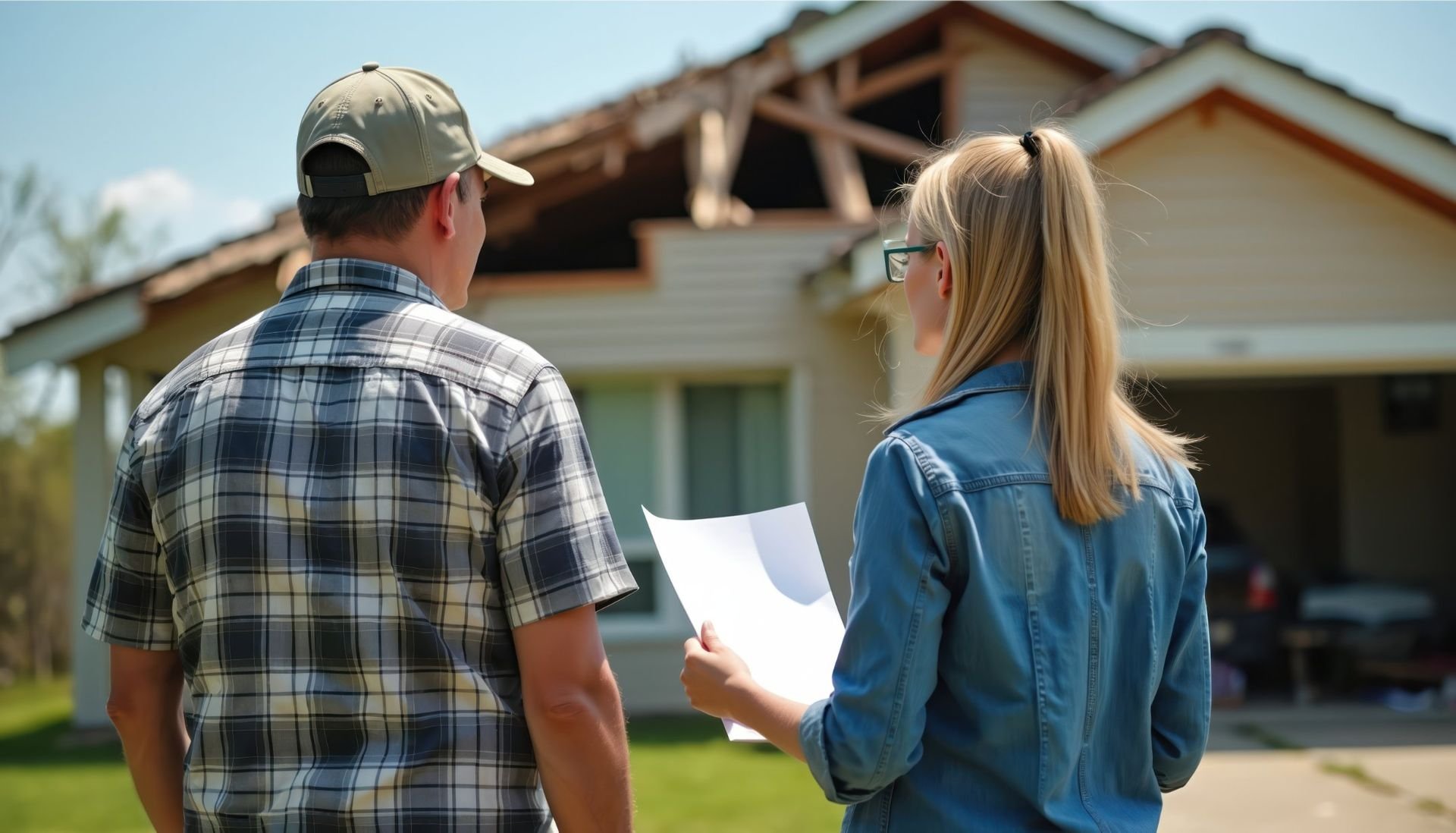 A man and woman inspect a house with a damaged roof, the woman holding papers