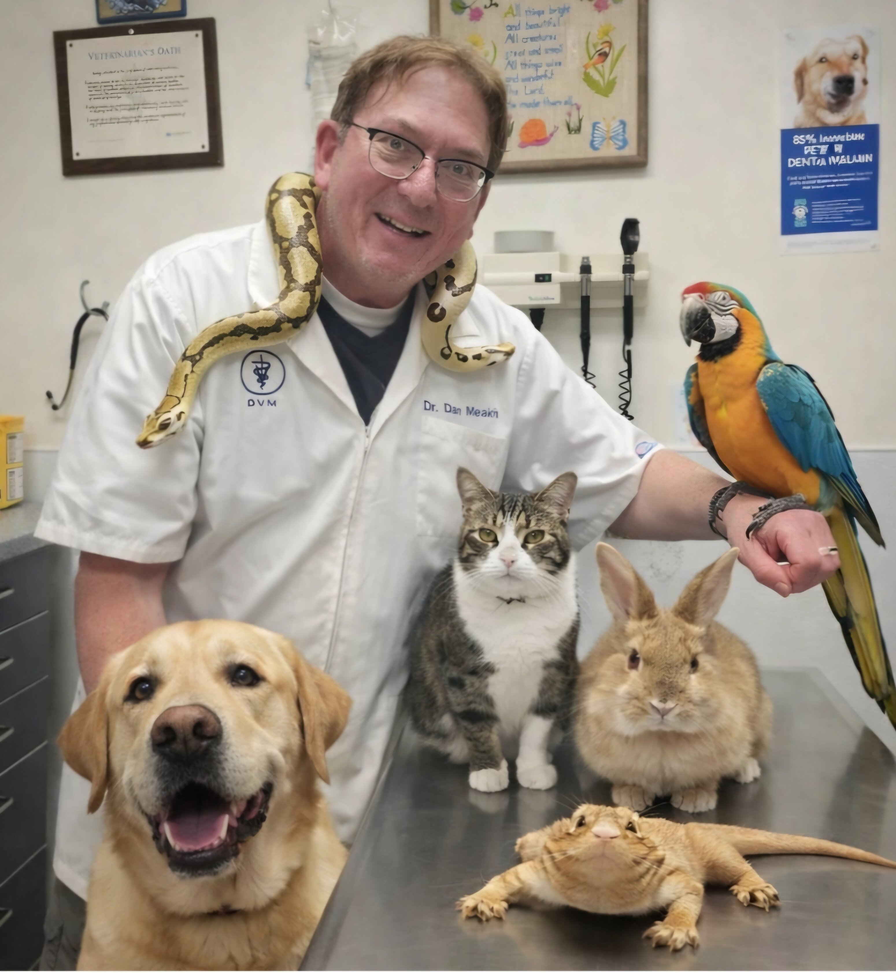 Dr. Dan Meakin, a veterinarian, is posing with a dog, cat, rabbit, parrot, and snake