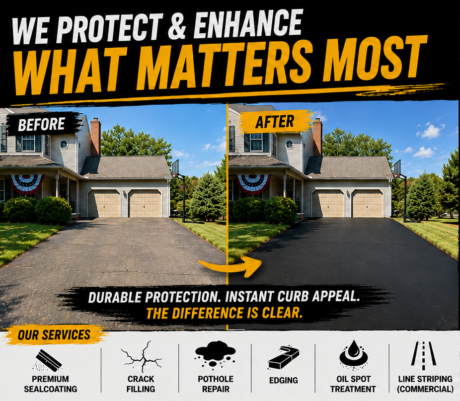 Before and after image of a driveway with before being cracked and after being sealed and repaired