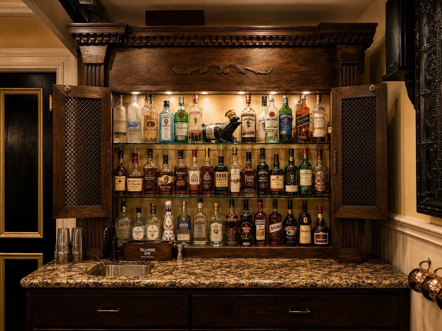 A wooden bar cabinet with shelves filled with various liquor bottles and a sink below