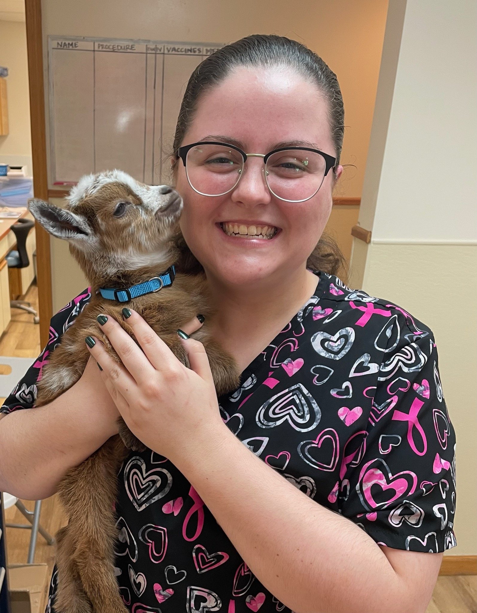 A smiling woman holds a small goat in her arms in a veterinary clinic.